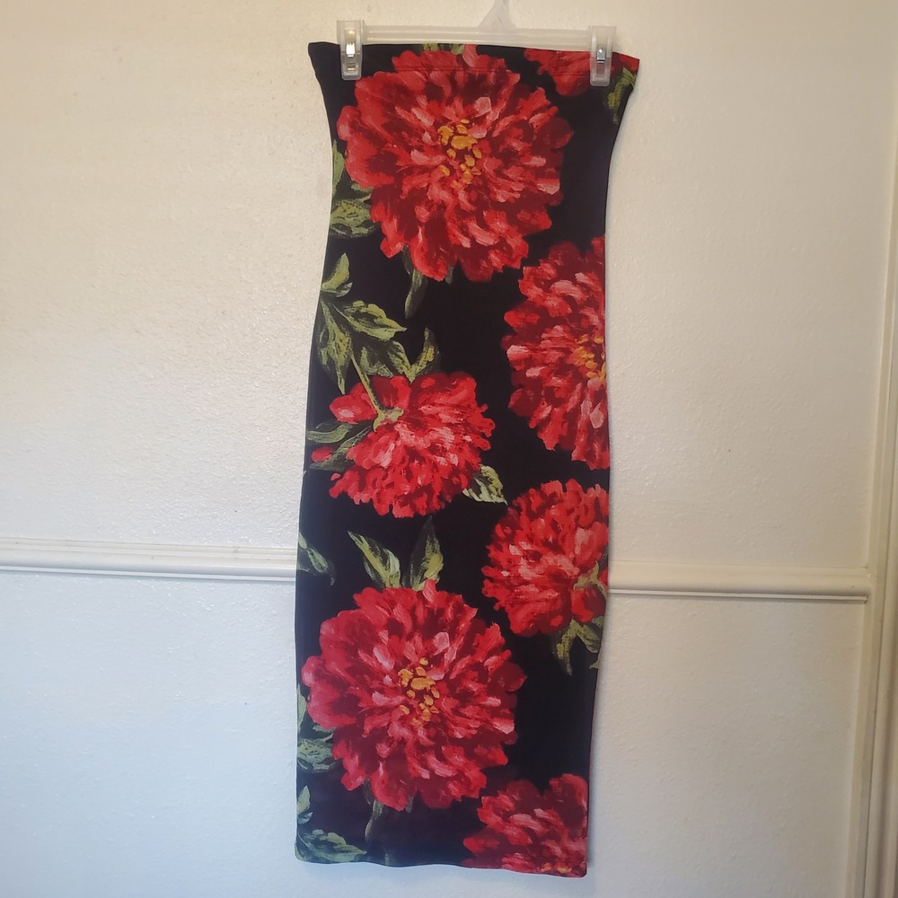 Monaco USA Red Floral Bodycon Tube Dress Black Strapless Midi Womens M D8797-D